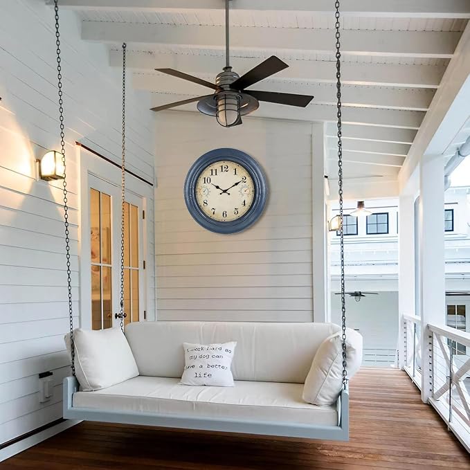 18 Inch Large Outdoor Clock with Thermometer & Hygrometer – Blue Vintage Farmhouse Decor Wall Clock Waterproof for Patio