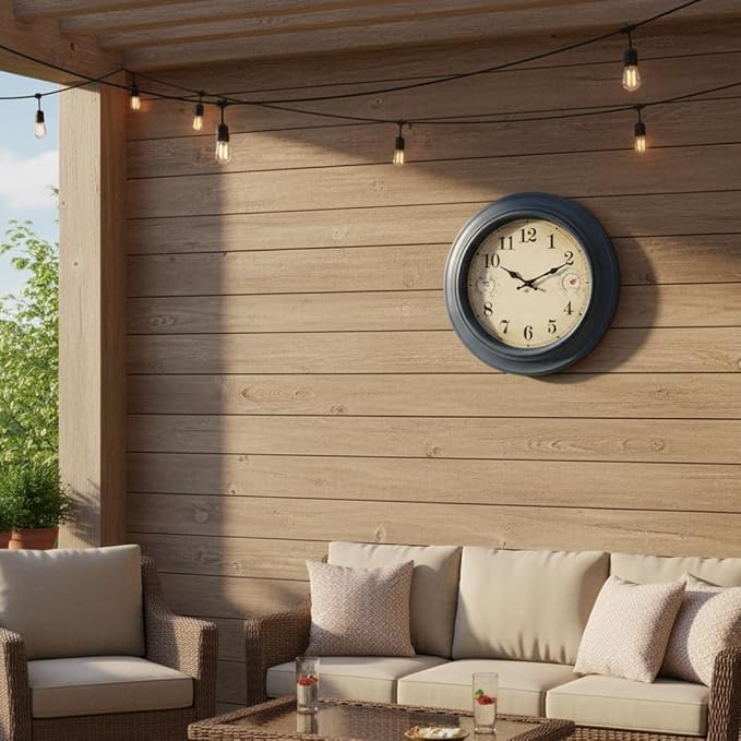 18 Inch Large Outdoor Clock with Thermometer & Hygrometer – Blue Vintage Farmhouse Decor Wall Clock Waterproof for Patio