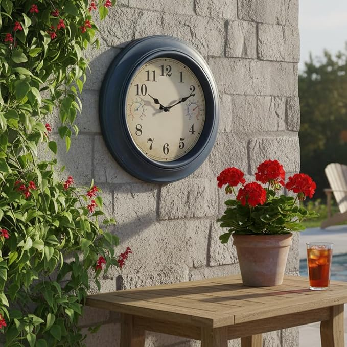 18 Inch Large Outdoor Clock with Thermometer & Hygrometer – Blue Vintage Farmhouse Decor Wall Clock Waterproof for Patio