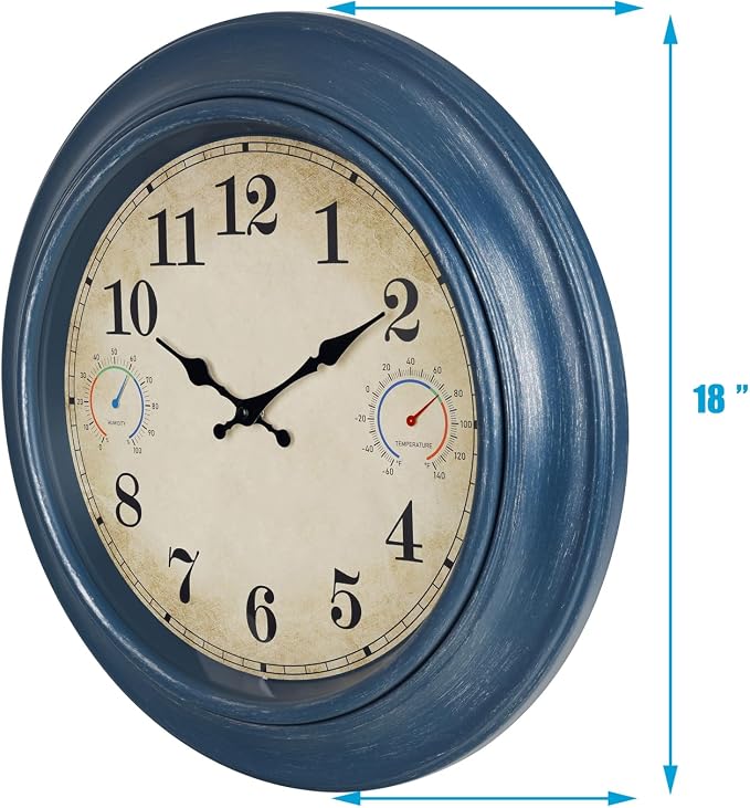18 Inch Large Outdoor Clock with Thermometer & Hygrometer – Blue Vintage Farmhouse Decor Wall Clock Waterproof for Patio