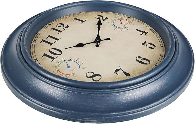 18 Inch Large Outdoor Clock with Thermometer & Hygrometer – Blue Vintage Farmhouse Decor Wall Clock Waterproof for Patio