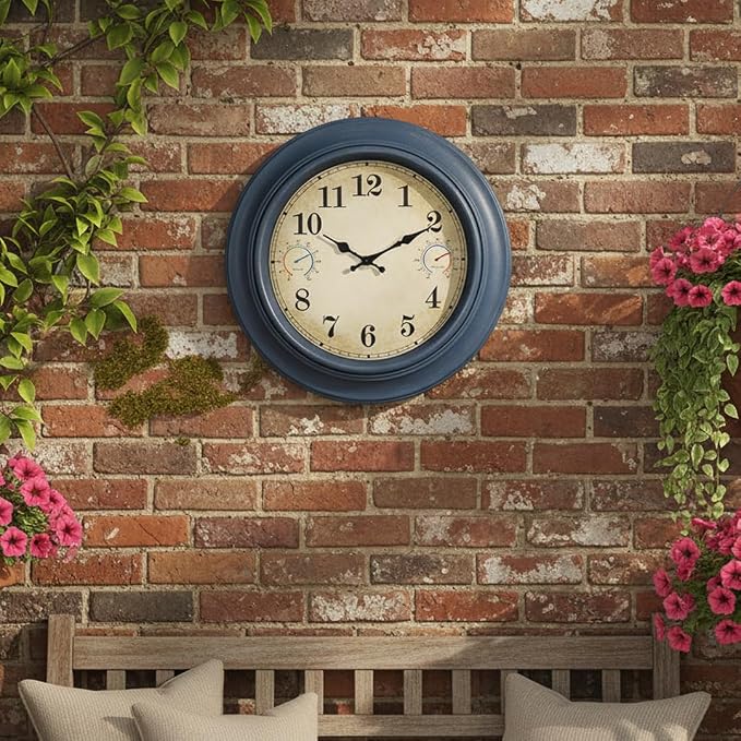 18 Inch Large Outdoor Clock with Thermometer & Hygrometer – Blue Vintage Farmhouse Decor Wall Clock Waterproof for Patio