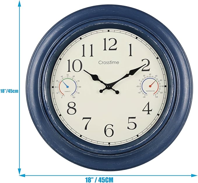 18 Inch Large Outdoor Wall Clock Waterproof with Thermometer & Hygrometer Combo – Vintage Farmhouse Weather Station for