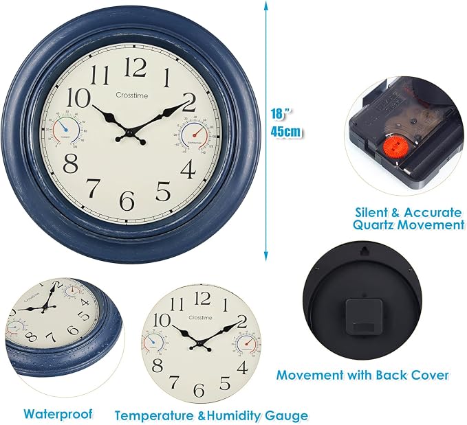 18 Inch Large Outdoor Wall Clock Waterproof with Thermometer & Hygrometer Combo – Vintage Farmhouse Weather Station for