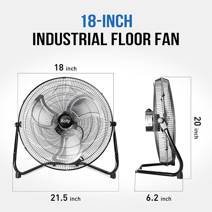 18-Inch Metal Floor Fan, High Velocity 4000 CFM Industrial Fan, 3-Speed & 360° Adjustable Tilt, Heavy Duty for Garage