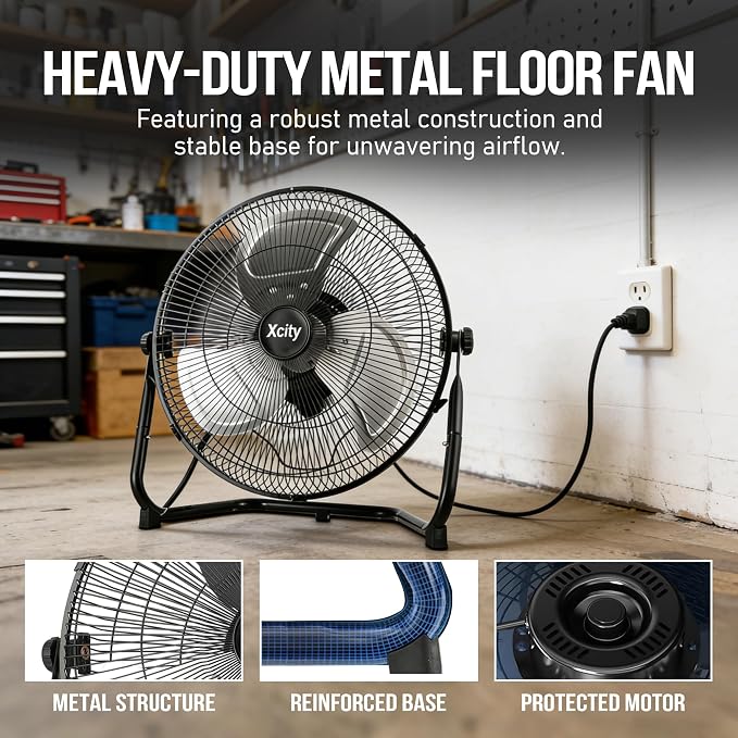 18-Inch Metal Floor Fan, High Velocity 4000 CFM Industrial Fan, 3-Speed & 360° Adjustable Tilt, Heavy Duty for Garage
