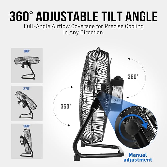 18-Inch Metal Floor Fan, High Velocity 4000 CFM Industrial Fan, 3-Speed & 360° Adjustable Tilt, Heavy Duty for Garage