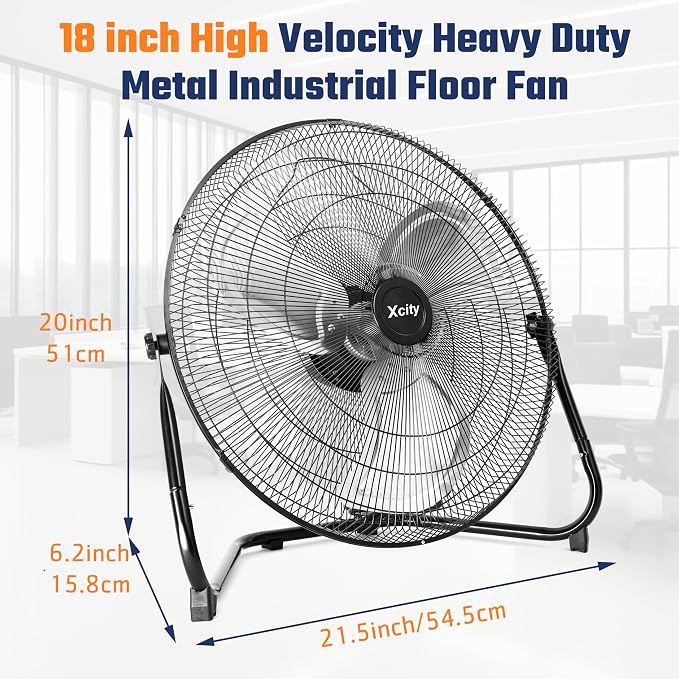18 Inch Metal Industrial Floor Fans, Max 4012 CFM, Heavy Duty High Velocity Fan with 3-speed and 360°Adjustable Tilt, for