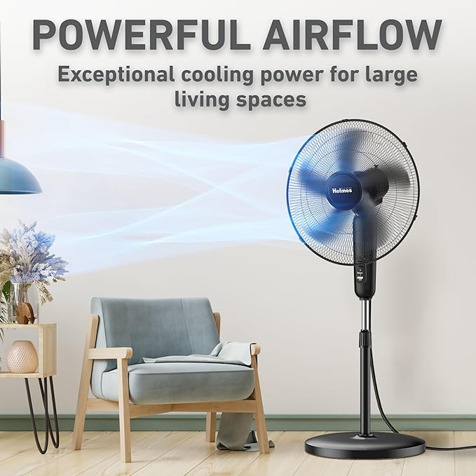 18 Inch Oscillating Stand Fan 3 Speed Powerful Airflow Adjustable Height 30 Degree Tilt Wide Angle Cooling Quiet Operation