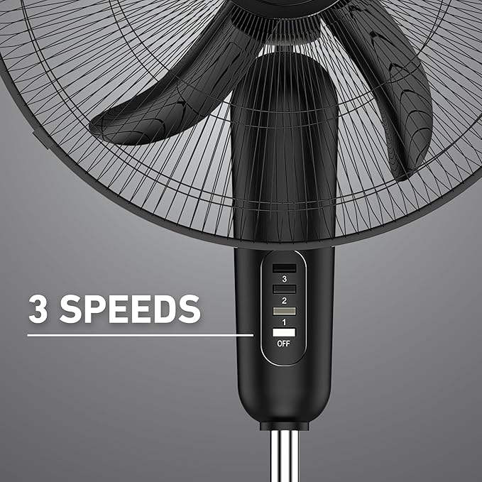 18 Inch Oscillating Stand Fan 3 Speed Powerful Airflow Adjustable Height 30 Degree Tilt Wide Angle Cooling Quiet Operation
