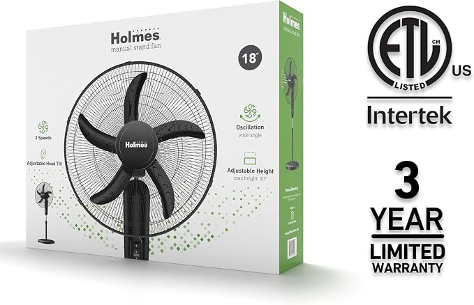 18 Inch Oscillating Stand Fan 3 Speed Powerful Airflow Adjustable Height 30 Degree Tilt Wide Angle Cooling Quiet Operation