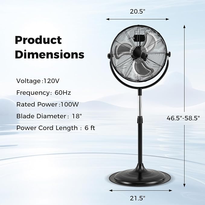 18" Industrial Pedestal Fan, 3 Speeds Commercial Standing Fan with Adjustable Height, Vertical Oscillating Function, Powerful