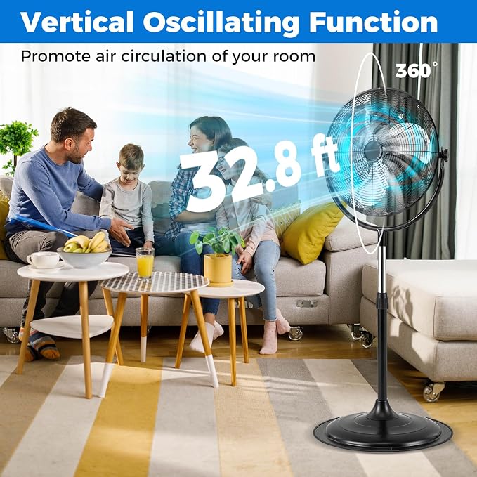 18" Industrial Pedestal Fan, 3 Speeds Commercial Standing Fan with Adjustable Height, Vertical Oscillating Function, Powerful