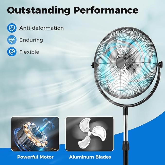 18" Industrial Pedestal Fan, 3 Speeds Commercial Standing Fan with Adjustable Height, Vertical Oscillating Function, Powerful