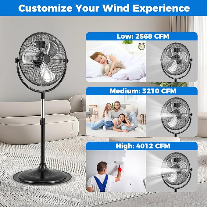 18" Industrial Pedestal Fan, 3 Speeds Commercial Standing Fan with Adjustable Height, Vertical Oscillating Function, Powerful