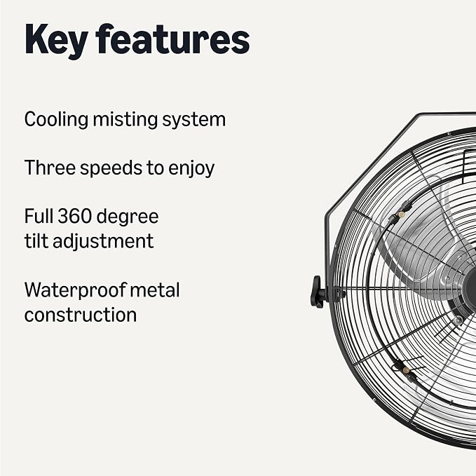 18" Outdoor Heavy-Duty Misting Fan, Wall-Mounted, Industrial, Waterproof (IP44), With Tilt Head, Metal Blades, alternate view
