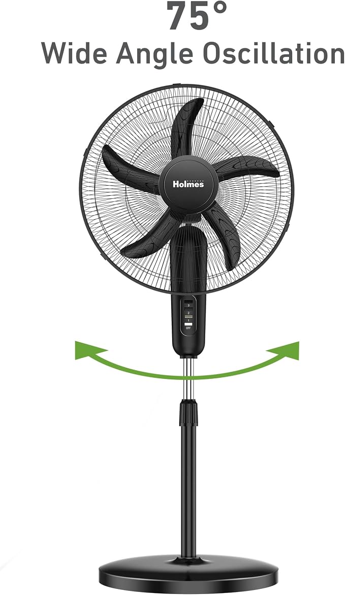 18" Stand Fan, 80° Oscillation, 3 Speeds, 5 Blades, Adjustable Height, 30° Head Tilt, Ideal for Home, Bedroom or Office