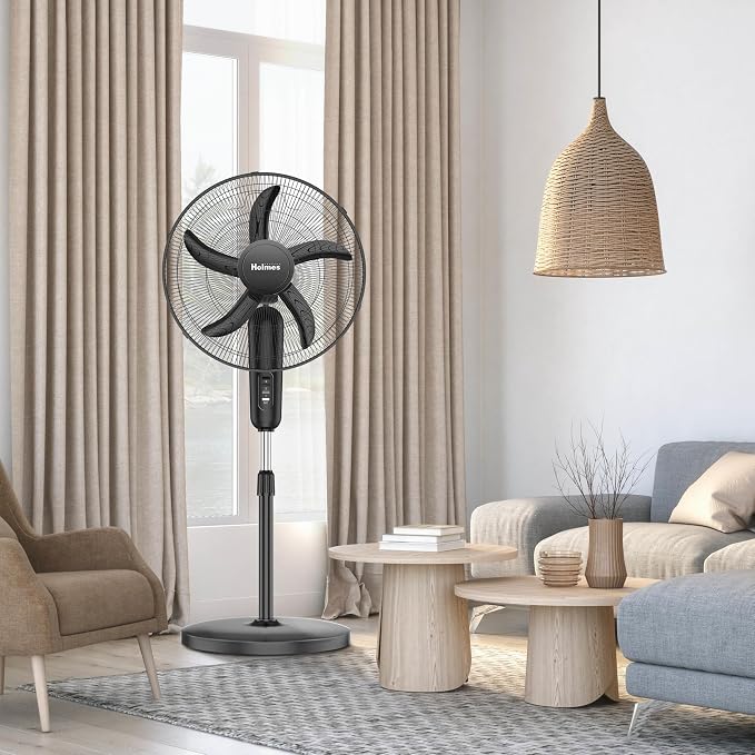 18" Stand Fan, 80° Oscillation, 3 Speeds, 5 Blades, Adjustable Height, 30° Head Tilt, Ideal for Home, Bedroom or Office