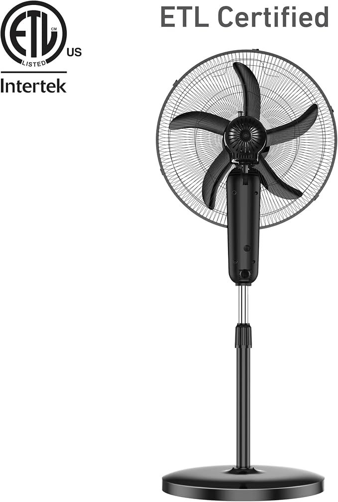 18" Stand Fan, 80° Oscillation, 3 Speeds, 5 Blades, Adjustable Height, 30° Head Tilt, Ideal for Home, Bedroom or Office