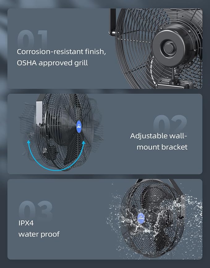18" Wall Mounted Fan - 6360 CFM, 3-Speed, Industrial Grade, Commercial/Residential, Weatherproof Outdoor/Indoor, alternate