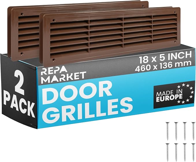 18" x 5" Inch (Outer Size) Pack of 2 Brown Plastic Louvered Door Vents for Interior Doors – 2 Sided Two Way Door Air Return