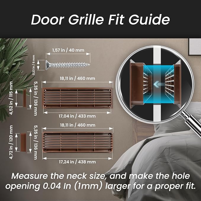 18" x 5" Inch (Outer Size) Pack of 2 Brown Plastic Louvered Door Vents for Interior Doors – 2 Sided Two Way Door Air Return