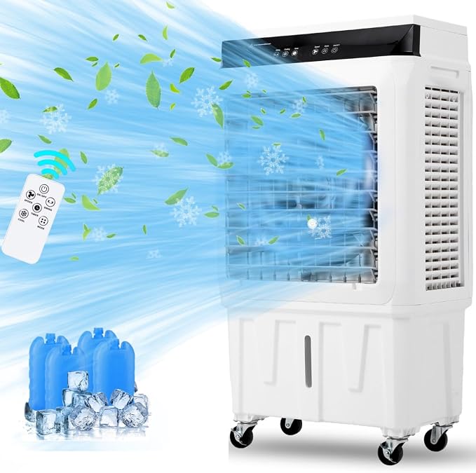 1800 CFM Swamp Cooler, Evaporative Air Cooler with Remote Control and 4 Ice Packs, 3 Wind Speeds and Modes, Air Cooler for