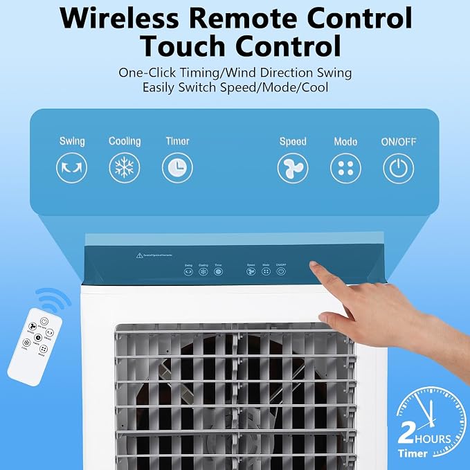 1800 CFM Swamp Cooler, Evaporative Air Cooler with Remote Control and 4 Ice Packs, 3 Wind Speeds and Modes, Air Cooler for