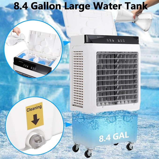 1800 CFM Swamp Cooler, Evaporative Air Cooler with Remote Control and 4 Ice Packs, 3 Wind Speeds and Modes, Air Cooler for