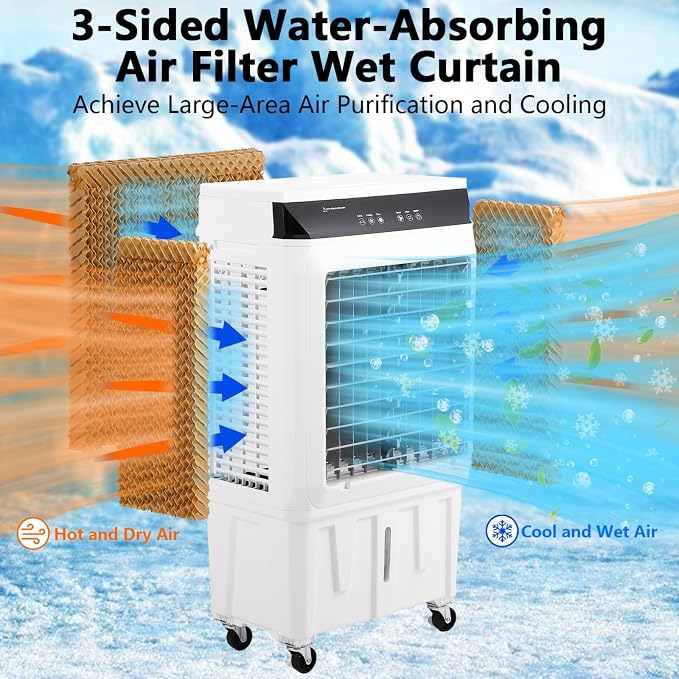 1800 CFM Swamp Cooler, Evaporative Air Cooler with Remote Control and 4 Ice Packs, 3 Wind Speeds and Modes, Air Cooler for