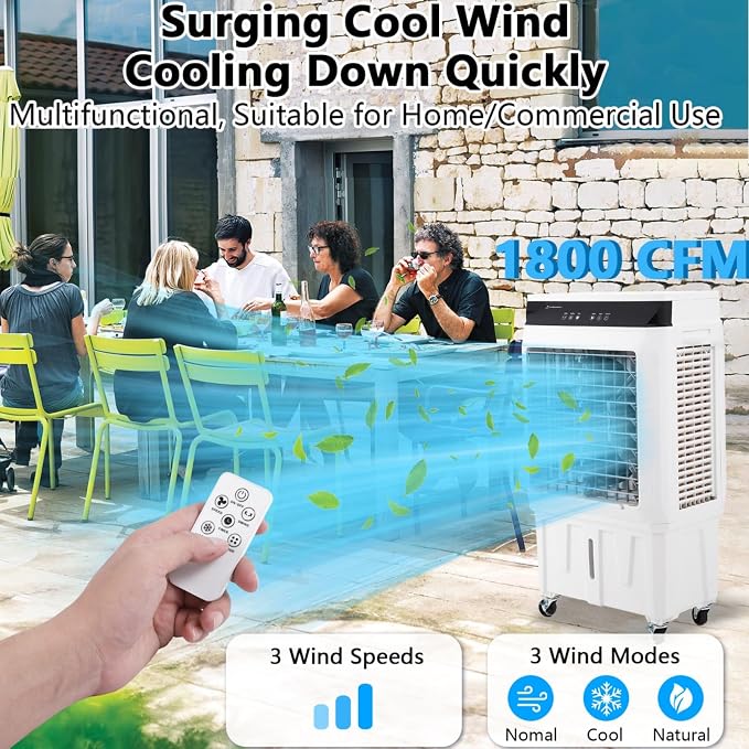 1800 CFM Swamp Cooler, Evaporative Air Cooler with Remote Control and 4 Ice Packs, 3 Wind Speeds and Modes, Air Cooler for