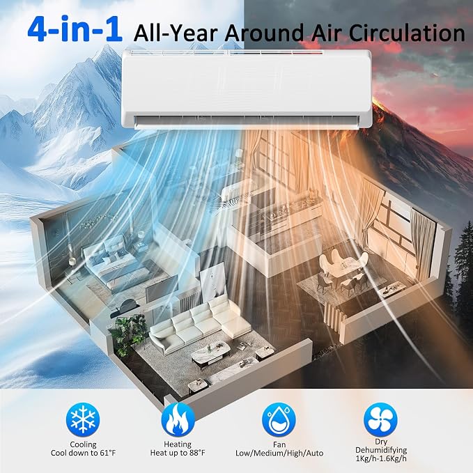 18000 BTU Mini Split Air Conditioner, 19 SEER2 Ductless AC, 230V Inverter System, Alexa Compatible, Cools Up to 1250 Sq. Ft