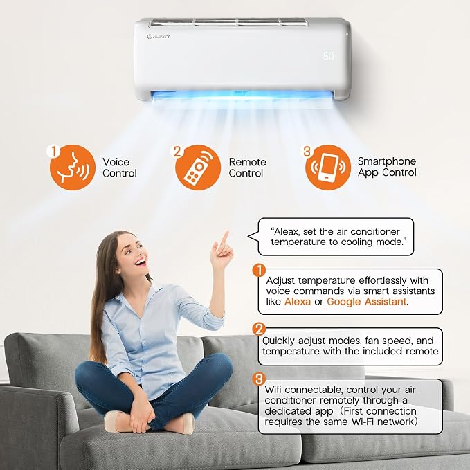 18000 BTU Mini Split Air Conditioner Heat Pump, SEER2 21, 220V, Energy Star Inverter AC with Wi-Fi Smart Control, Voice