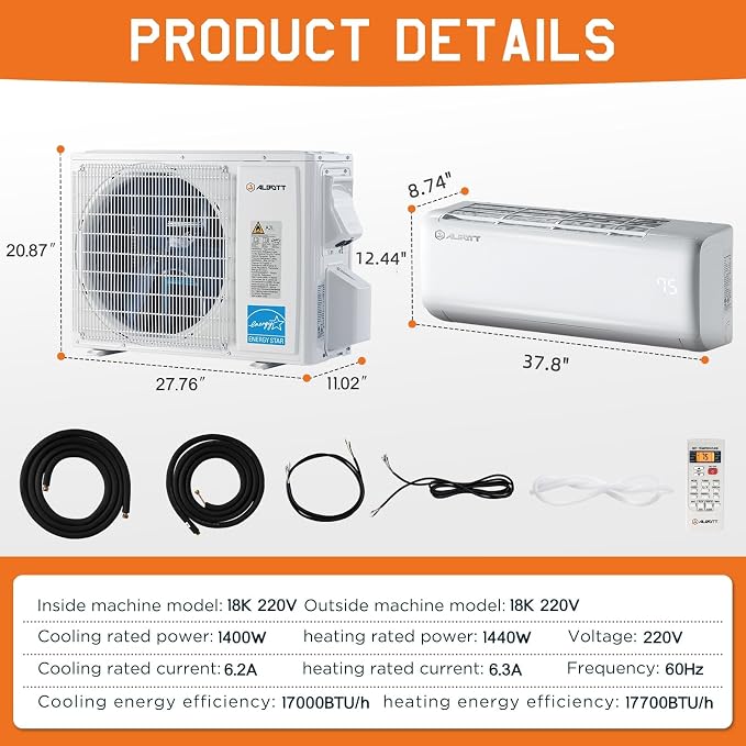 18000 BTU Mini Split Air Conditioner Heat Pump, SEER2 21, 220V, Energy Star Inverter AC with Wi-Fi Smart Control, Voice