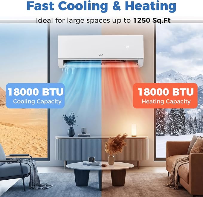 18000 BTU Mini Split Air Conditioner & Heater, 20 SEER2 208/230V Wifi Enabled Energy Efficient Inverter Split AC Unit Up to