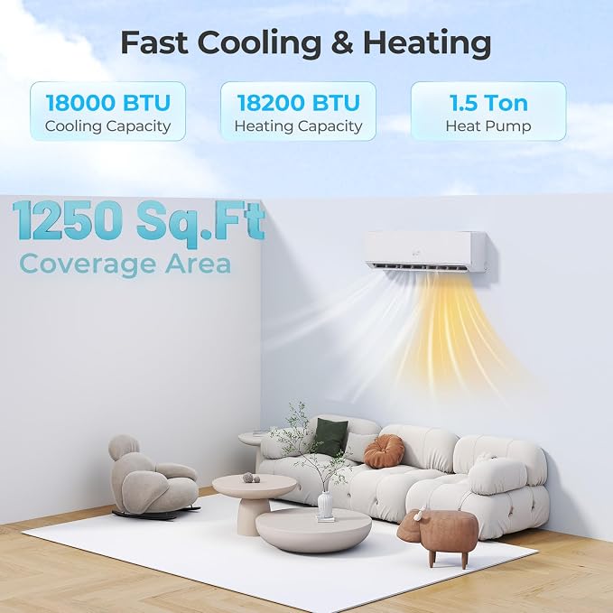 18000 BTU Mini Split Air Conditioner & Heater, 208-230V WiFi Enabled 25 SEER2 Ductless Inverter AC Unit, Works w/Alexa, Cools