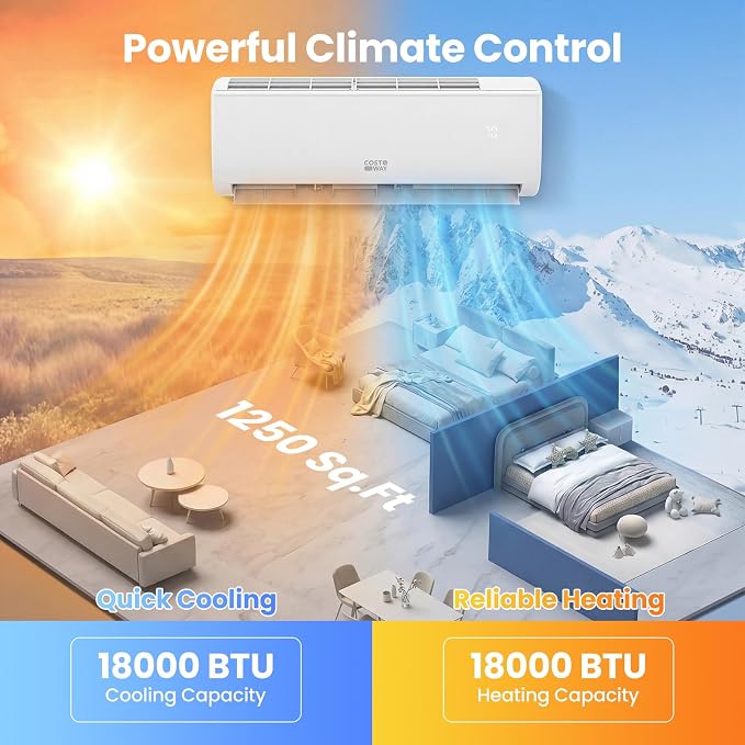 18000 BTU Mini Split Air Conditioner & Heater, 21 SEER2 Wifi Enabled AC Unit Up to 1250 Sq. Ft, 208/230V Energy Efficient