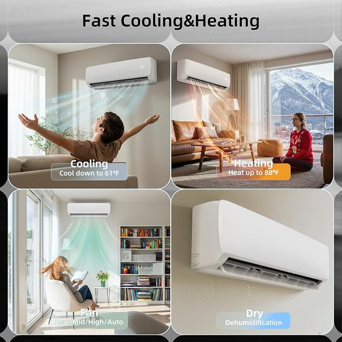 18000BTU Mini Split AC/Heating System, 19 SEER2 Energy Efficient Mini Split Air Conditioner with Heat Pump, 230V Cools Up to