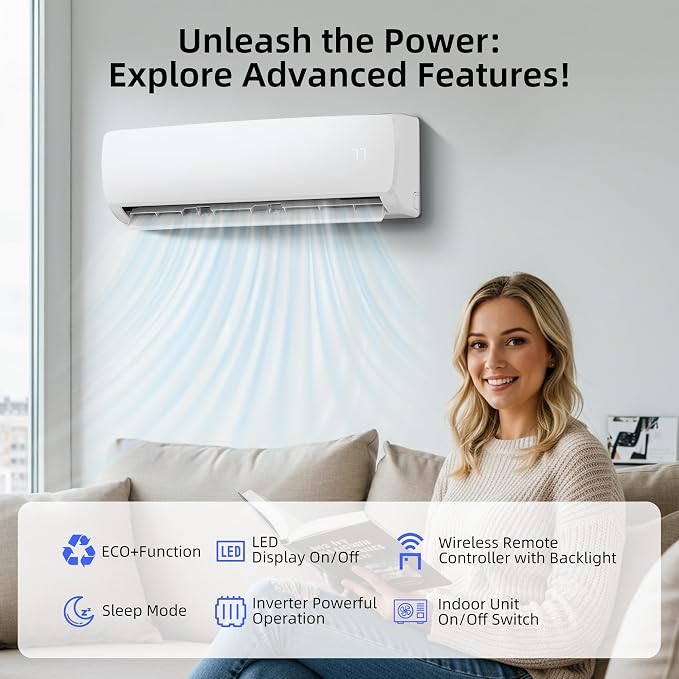18000BTU Mini Split AC/Heating System, 19 SEER2 Energy Efficient Mini Split Air Conditioner with Heat Pump, 230V Cools Up to