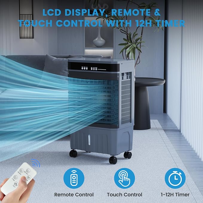 1800CFM Portable Swamp Cooler Indoor Outdoor, 3-in-1 Evaporative Air Cooler with 5.3Gal Water Tank, Remote & 12H Timer, 3