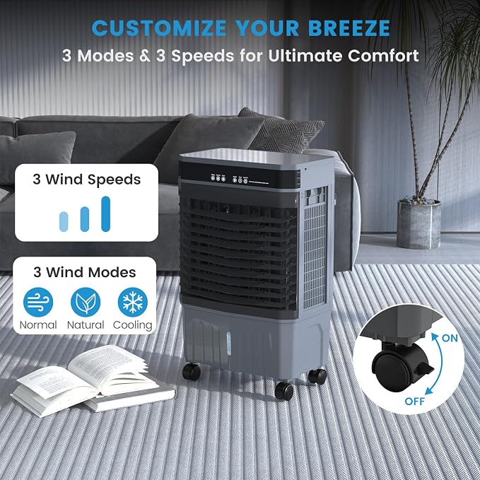 1800CFM Portable Swamp Cooler Indoor Outdoor, 3-in-1 Evaporative Air Cooler with 5.3Gal Water Tank, Remote & 12H Timer, 3