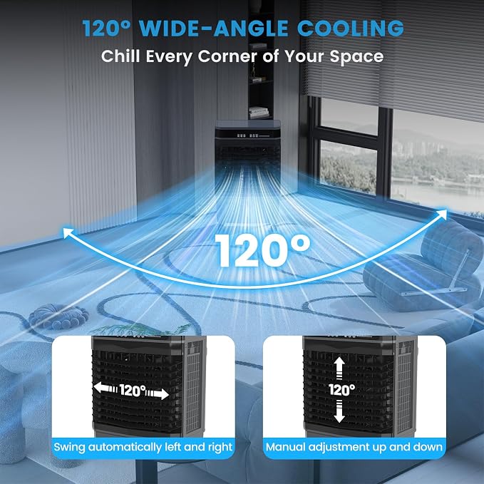1800CFM Portable Swamp Cooler Indoor Outdoor, 3-in-1 Evaporative Air Cooler with 5.3Gal Water Tank, Remote & 12H Timer, 3