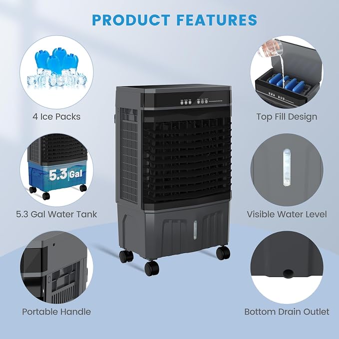 1800CFM Portable Swamp Cooler Indoor Outdoor, 3-in-1 Evaporative Air Cooler with 5.3Gal Water Tank, Remote & 12H Timer, 3