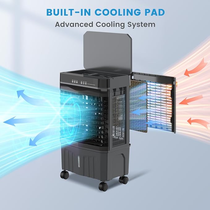 1800CFM Portable Swamp Cooler Indoor Outdoor, 3-in-1 Evaporative Air Cooler with 5.3Gal Water Tank, Remote & 12H Timer, 3