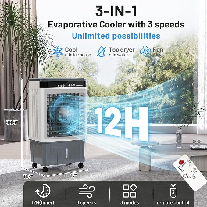 1800CFM Swamp Cooler, 5.3 Gal 3-in-1 Portable Evaporative Air Cooler with Remote, 120° Oscillation, 3 Speeds, 12H Timer, 4