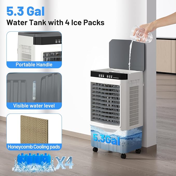1800CFM Swamp Cooler, 5.3 Gal 3-in-1 Portable Evaporative Air Cooler with Remote, 120° Oscillation, 3 Speeds, 12H Timer, 4