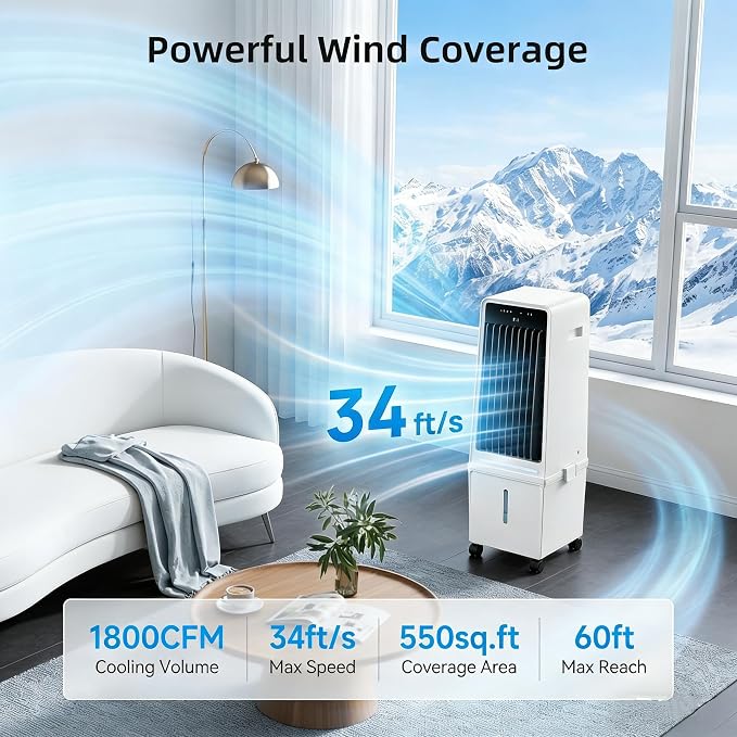 1800CFM Windowless Portable Air Conditioners, Swamp Cooler with Ambient Light, 4 Gal Detachable Tank, Evaporative Air Cooler