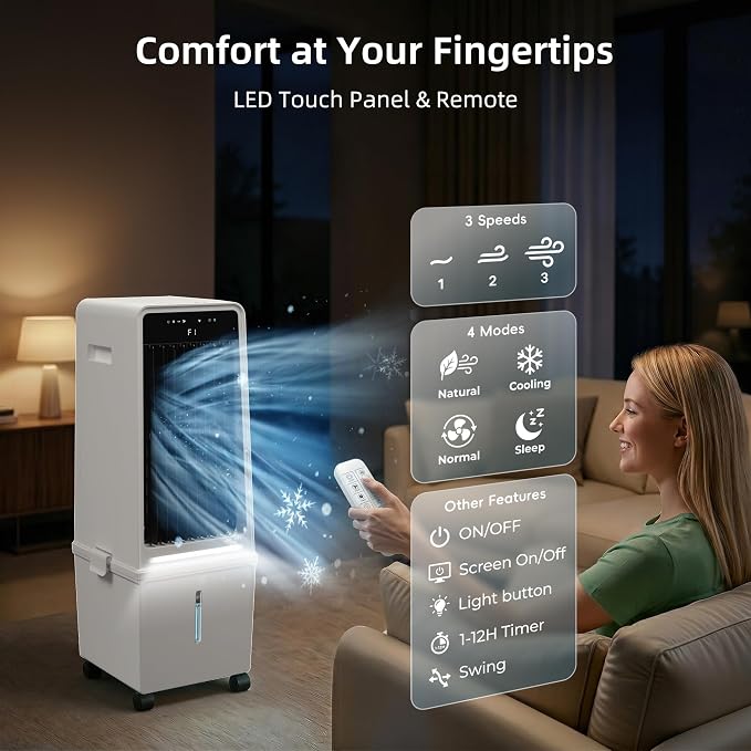 1800CFM Windowless Portable Air Conditioners, Swamp Cooler with Ambient Light, 4 Gal Detachable Tank, Evaporative Air Cooler