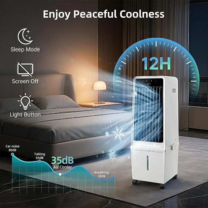 1800CFM Windowless Portable Air Conditioners, Swamp Cooler with Ambient Light, 4 Gal Detachable Tank, Evaporative Air Cooler