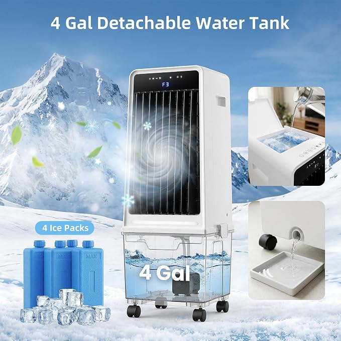 1800CFM Windowless Portable Air Conditioners, Swamp Cooler with Ambient Light, 4 Gal Detachable Tank, Evaporative Air Cooler
